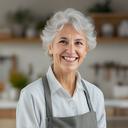 Maria in a tidy apartment kitchen smiling beside eco-friendly cleaning supplies