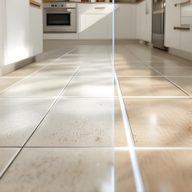 Before and after deep cleaning scene showing a bright kitchen floor transformation with polished edges and refreshed grout