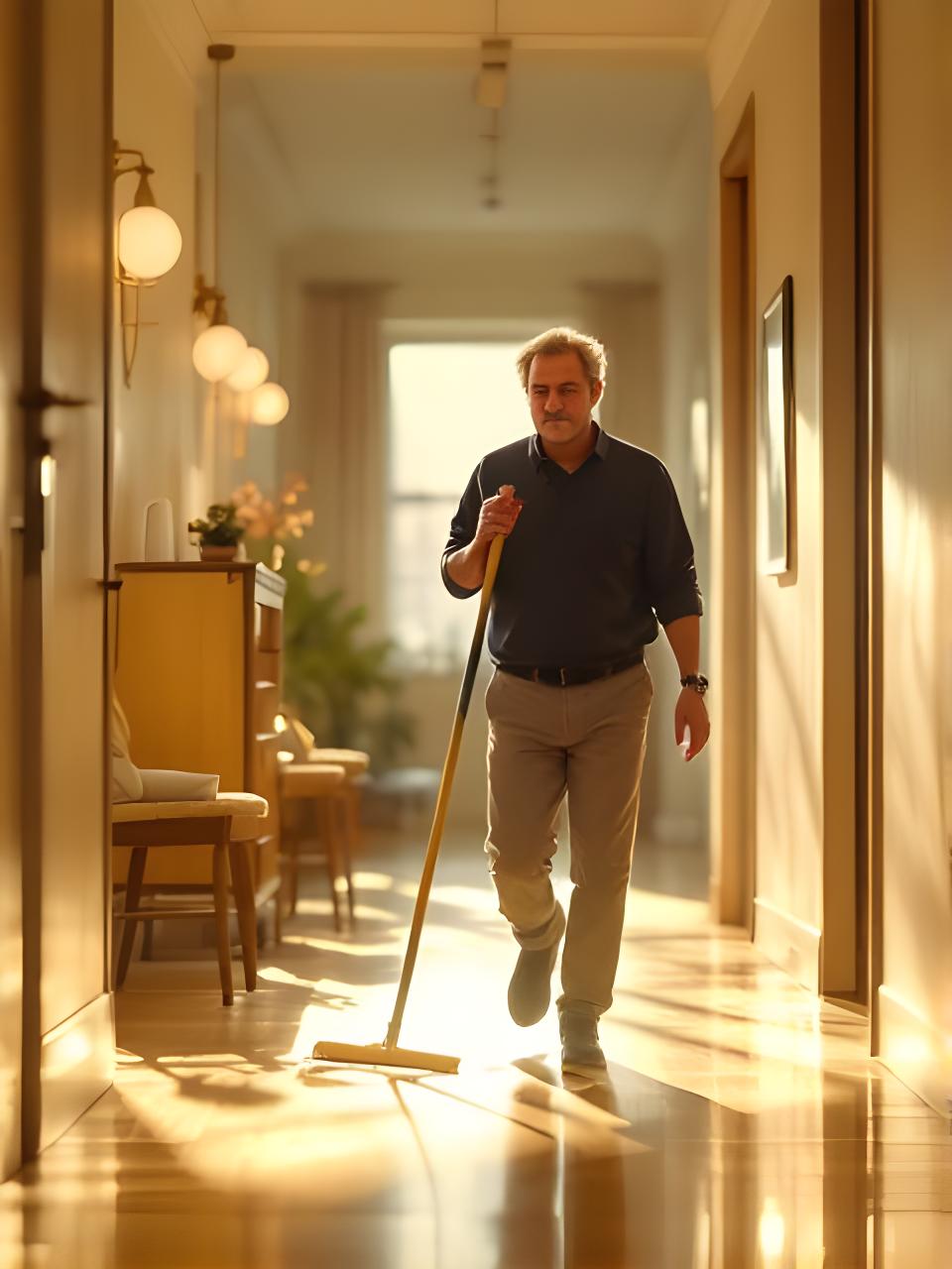 Founder walking through a sunlit Brooklyn hallway with professional cleaning tools and a focused, friendly expression