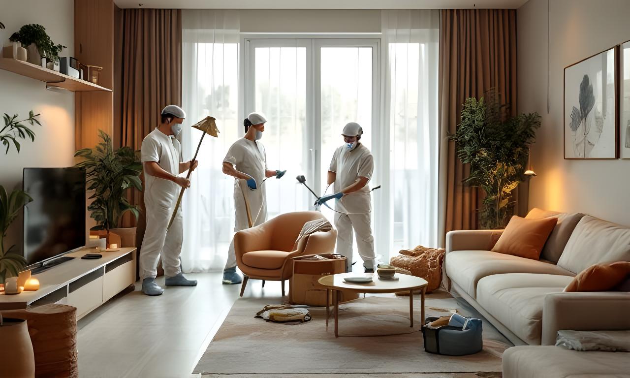 Cleaning team preparing a Brooklyn apartment with professional equipment and protective uniforms