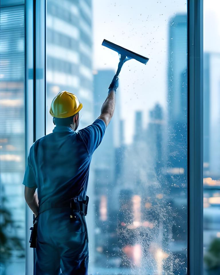 Cleaning technician washing a large office window from inside with a squeegee and a bright city view beyond the glass