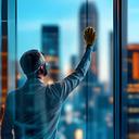 Rahul cleaning tall window panes inside a modern office with skyline light behind him